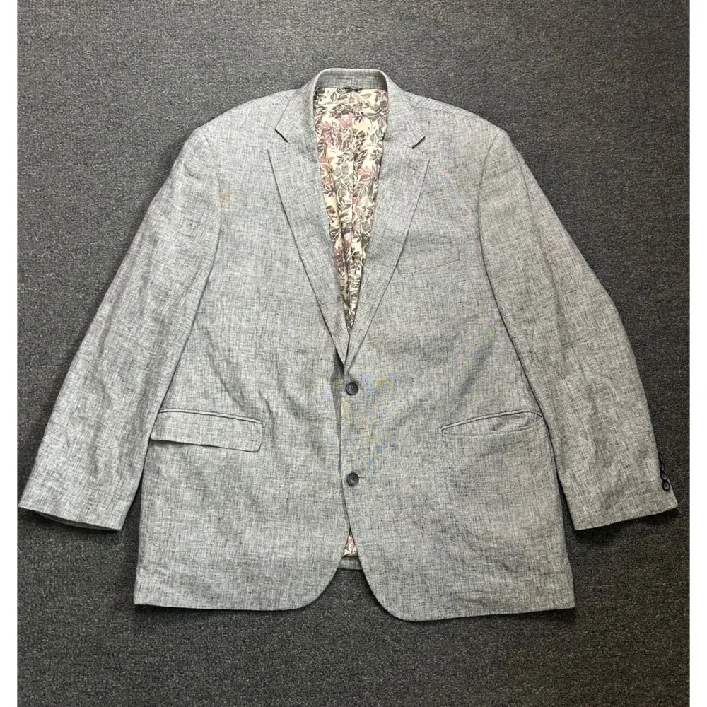 Oak‎ Hill Linen Rayon Blazer Sport Coat Gray Mens 2XLT Floral Lining 2-Button